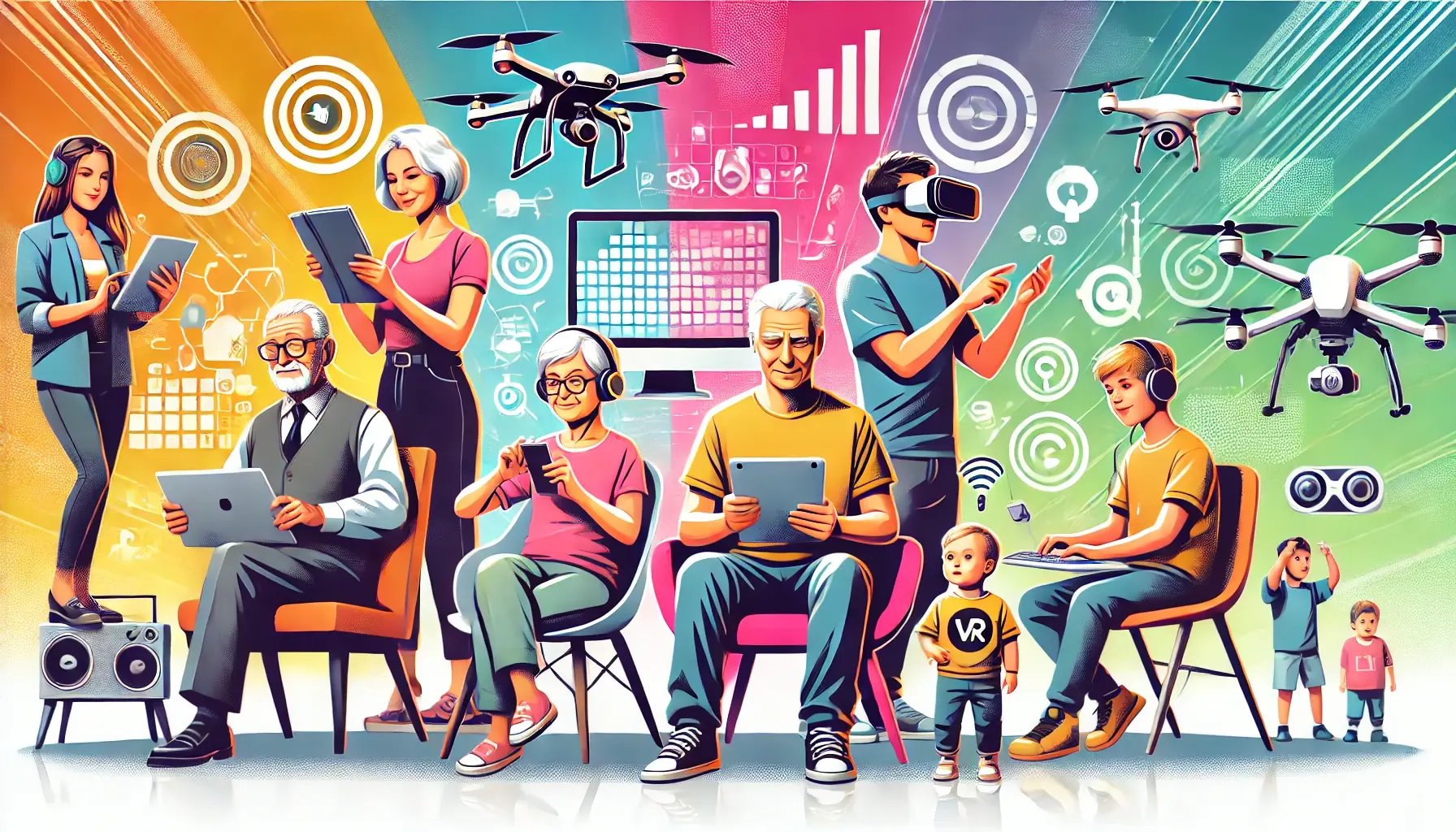 DALL·E 2024-09-04 09.43.25 - A modern, wide illustration of different generations engaging with various technologies. Show a Baby Boomer comfortably sitting with a tablet on the l