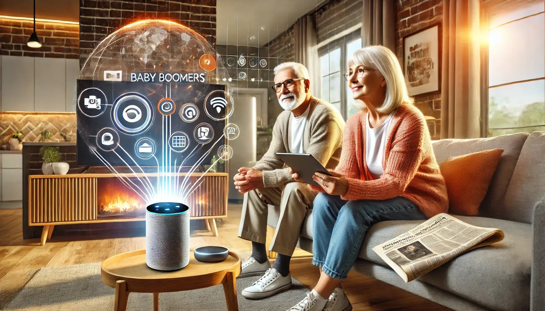 DALL·E 2024-09-04 09.45.15 - A wide, dynamic image depicting Baby Boomers adapting to modern technology in an ever-changing world. Show an older couple in a cozy, contemporary liv