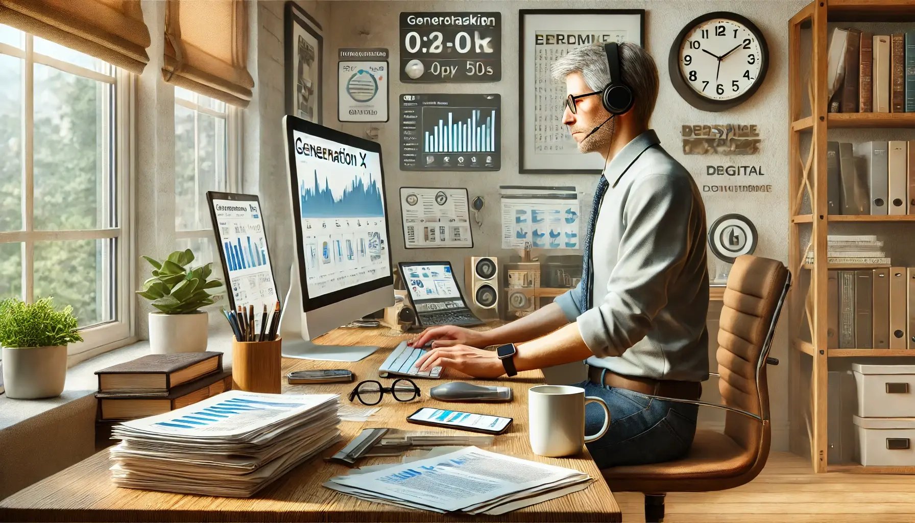 DALL·E 2024-09-04 09.46.56 - A realistic illustration depicting a Generation X individual in their late 40s to early 50s working in a home office. The person is multitasking betwe