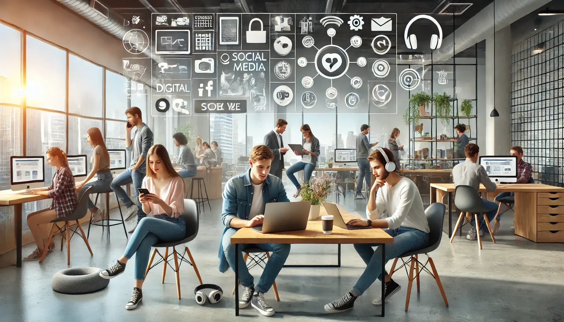 DALL·E 2024-09-04 09.47.30 - A realistic, wide image depicting Millennials as digital natives. Show a group of young adults in their late 20s to mid-30s in a modern co-working spa