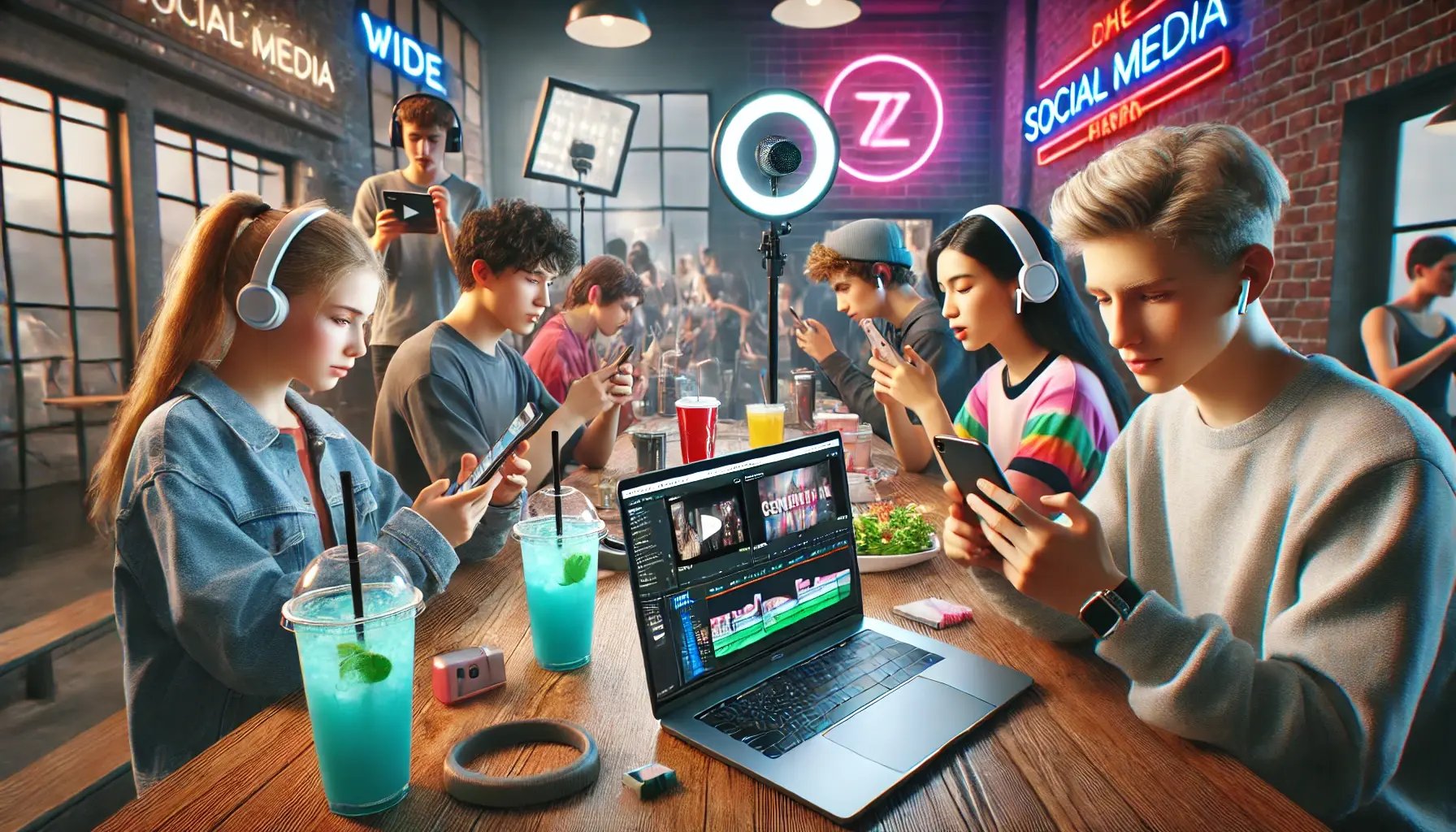 DALL·E 2024-09-04 09.48.21 - A realistic, wide image depicting Generation Z as social media connoisseurs. Show a group of teenagers and young adults in a trendy, urban cafe settin