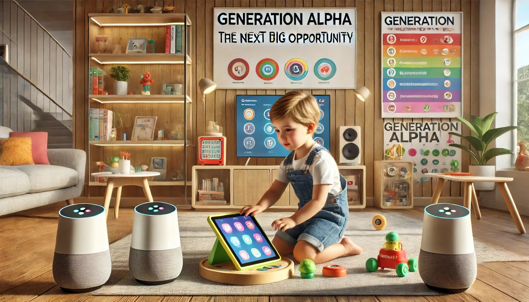 DALL·E 2024-09-04 09.48.41 - A realistic, wide image depicting Generation Alpha, the next big opportunity. Show a young child, around 5 to 7 years old, in a modern living room or