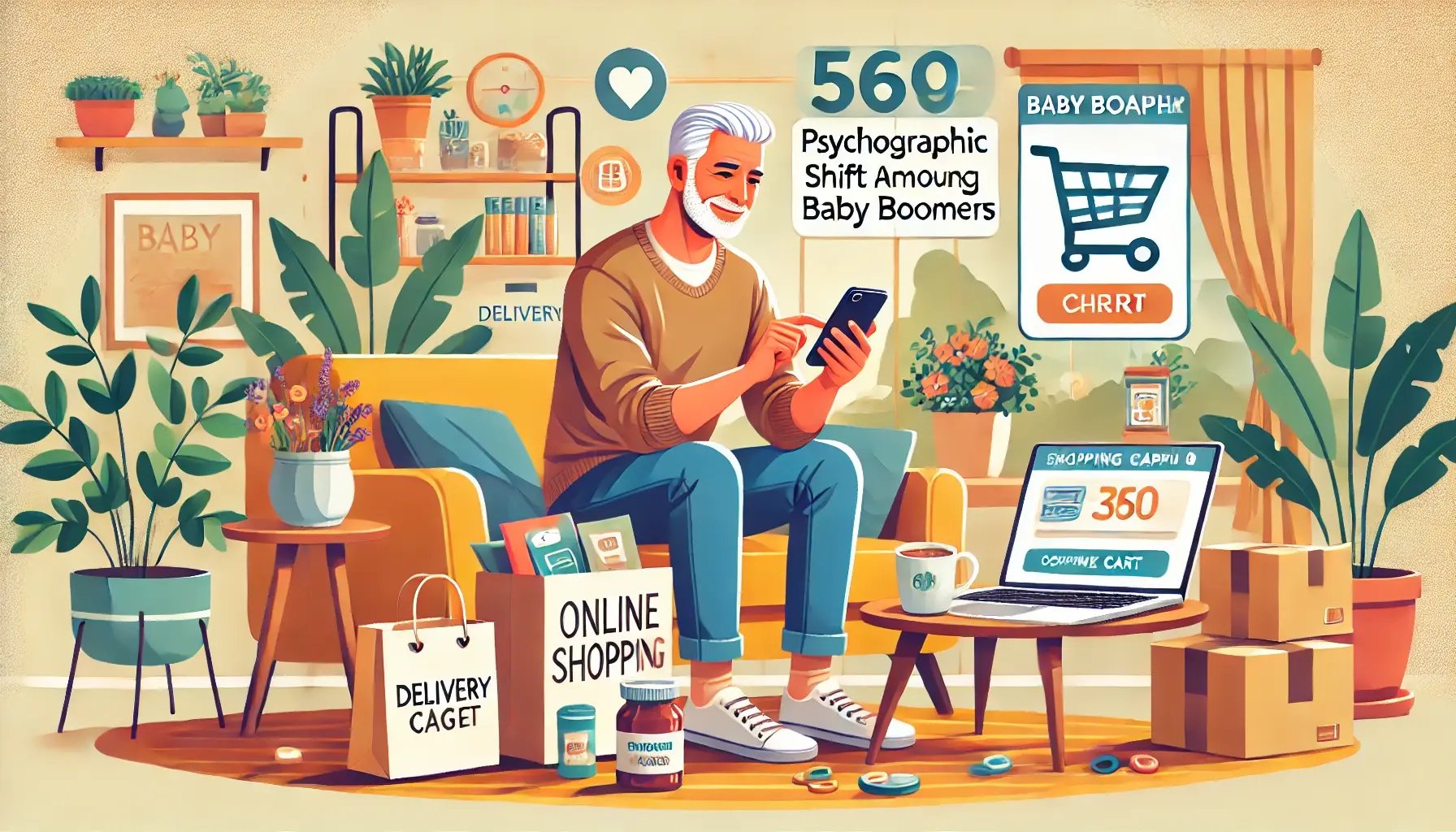 DALL·E 2024-10-17 16.10.55 - A lively, rectangular scene showcasing the psychographic shift among Baby Boomers. A Baby Boomer with gray hair, dressed casually, is comfortably seat