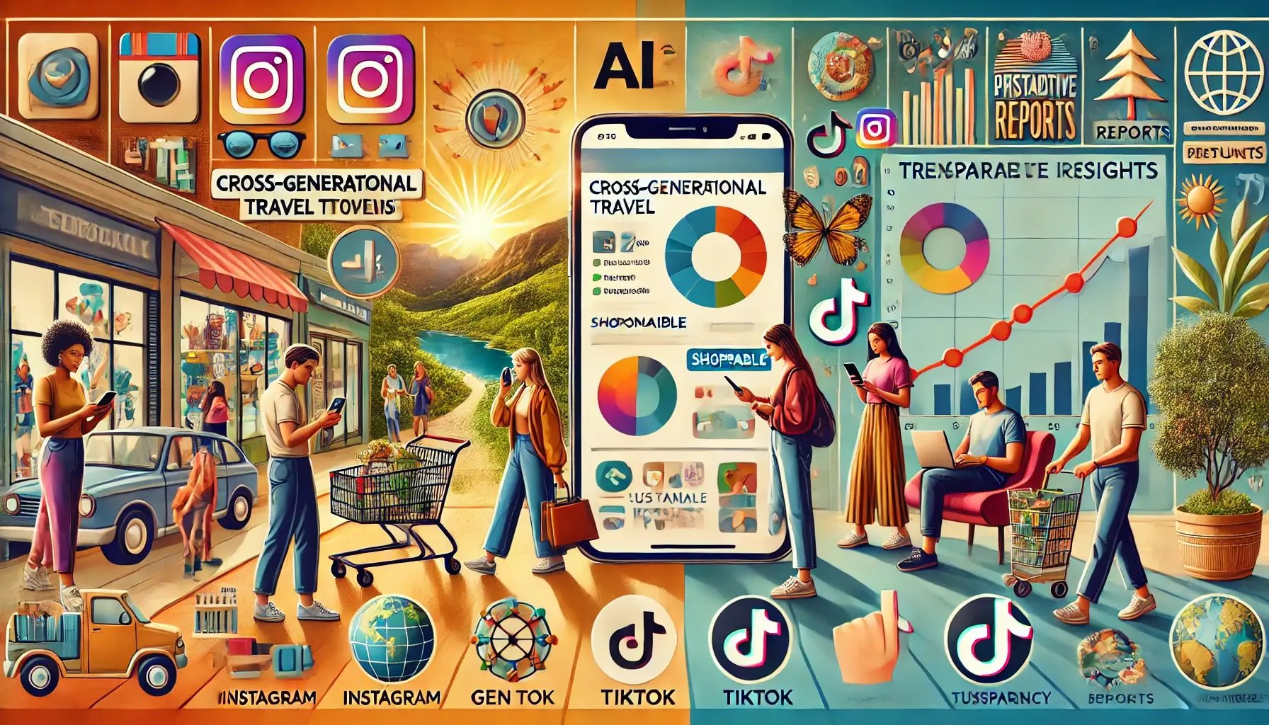 DALL·E 2024-10-17 16.12.31 - A vibrant, rectangular image representing cross-generational marketing trends for the future. The scene captures multiple generations interacting with