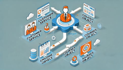 DALL·E 2025-03-10 12.39.22 - A workflow automation diagram illustrating how HubSpot’s Services Object and Courses Object integrate seamlessly. The diagram features arrows connecti