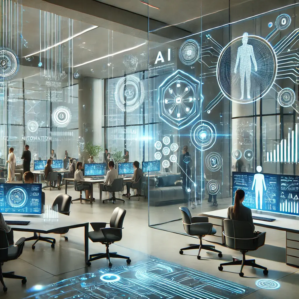 DALL·E 2024-12-17 13.57.50 - A futuristic, modern business environment with a high-tech aesthetic. The image features a sleek office space with professionals interacting with AI-p DALL·E 2024-12-17 13.57.50 - A futuristic, modern business environment with a high-tech aesthetic. The image features a sleek office space with professionals interacting with AI-p
