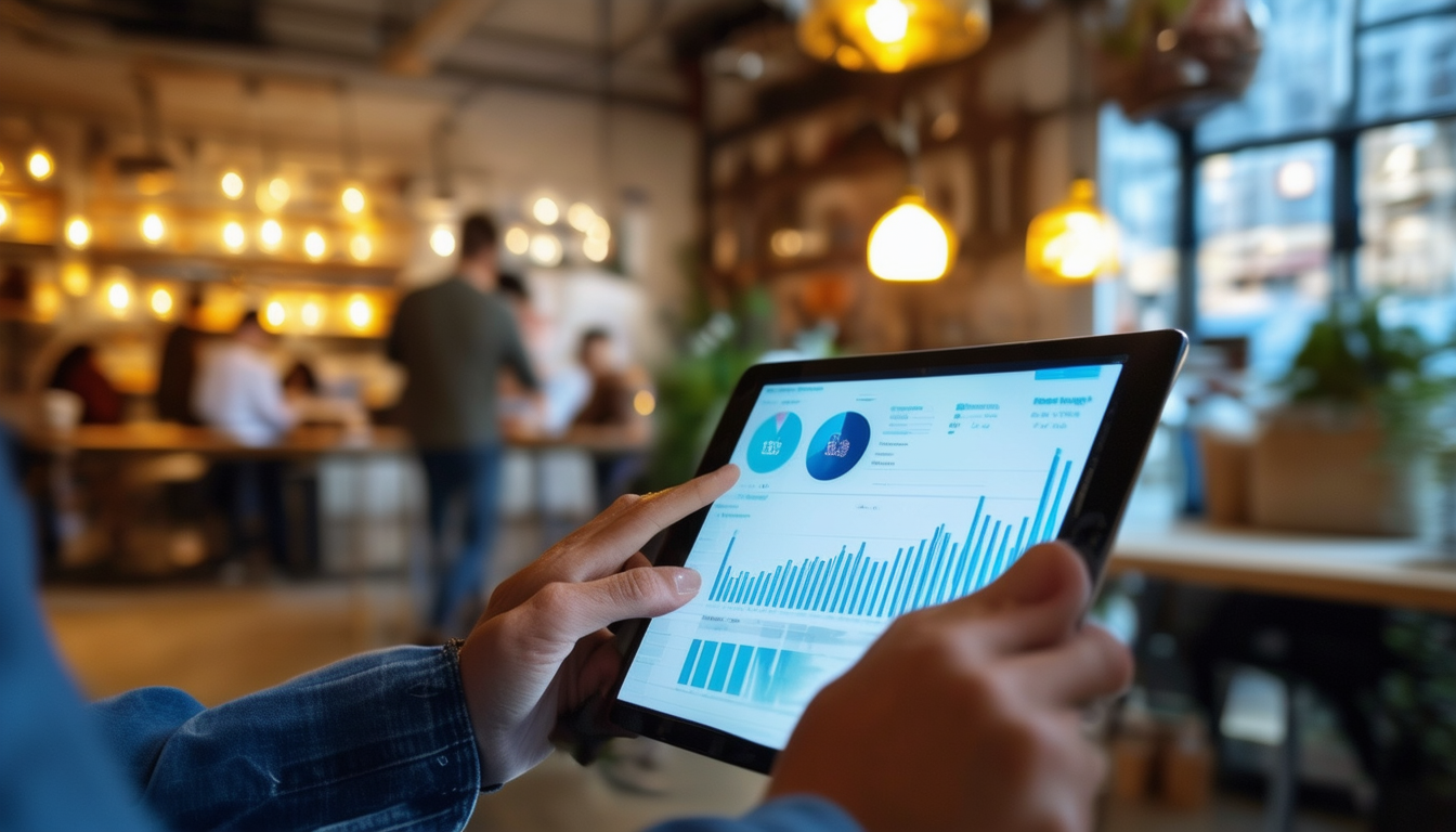 A bustling small business owner reviewing digital