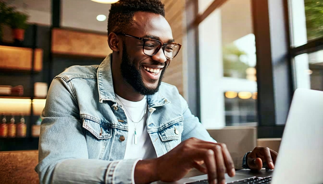 A customer happily using a self-service portal on