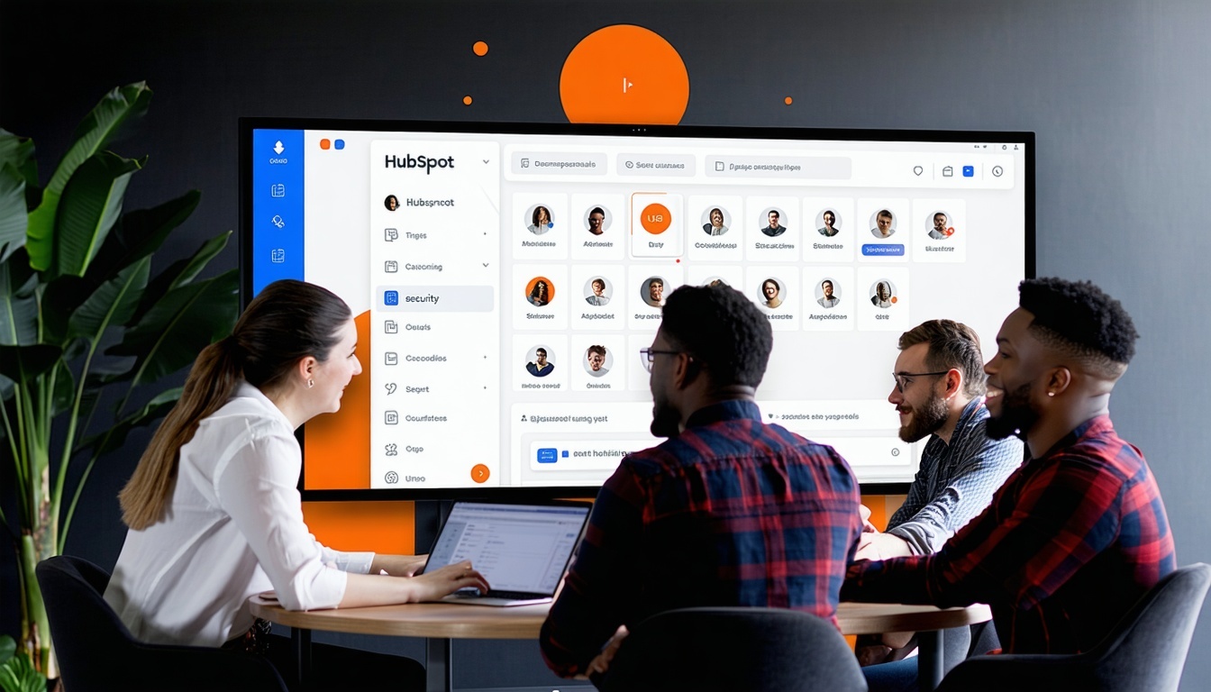 A team collaborating over a HubSpot dashboard, emp