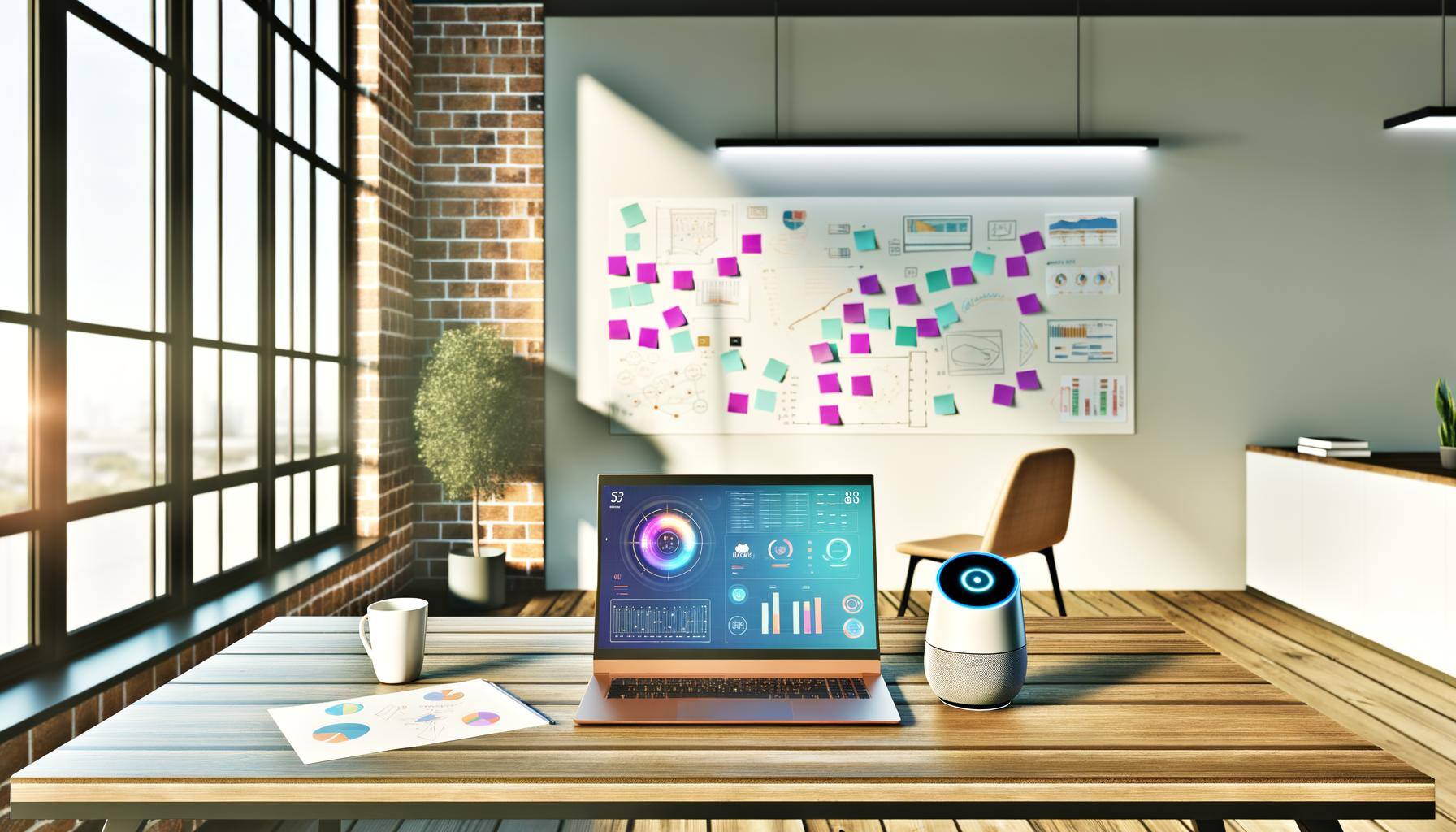 Visualize a contemporary office area, showcasing an elegant wooden desk having a state-of-the-art laptop on it, presenting a lively dashboard replete